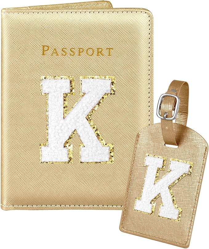 Slohif Passport Holder Initial Lugguage Tag Set Suitcase Cover Wallet Case for Travel Women - Leather Letter Passport Book Personalized Organizer Card Protector Sleeve Essentials Slim Carrier Gold K