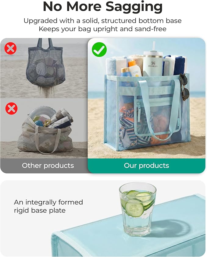 BAGSMART Mesh Beach Bag with Zipper Pocket, Large Beach Tote Bags for Women | for 40 oz Bottle, Removable Ribbon Bow, Sandproof & Washable, Cruise Essentials, for Swim, Pool, Gym, Vacation, Travel Bag