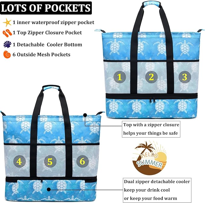 JIANYA Beach Bag Women Waterproof Sandproof Beach Tote Bags with Cooler Top Zipper Large Totes for Pool Travel Daily