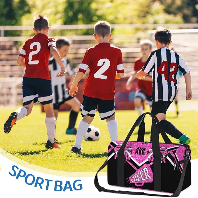 Personalized Cheerleading Sports Bag Names, Custom Name Cheer Fitness Duffle Gym Travel Weekender Lightweight Bags, Water Pink Shiny Glitters Black