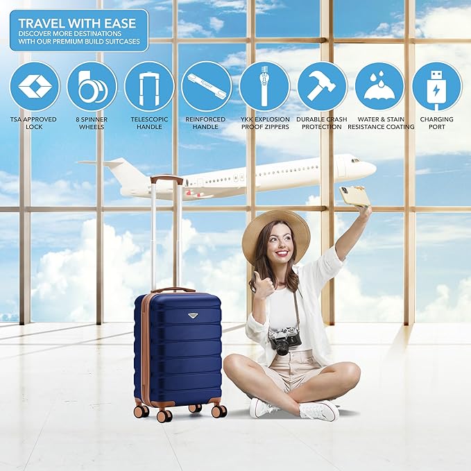 Flight Knight 21.5x15.5x9 Expandable Carry On Suitcase Hardside TSA Lock & USB C Port Lightweight Luggage Silent Double Spinner Wheels Maximum Canada Air Overhead Bag Airlines Approved Navy/Tan
