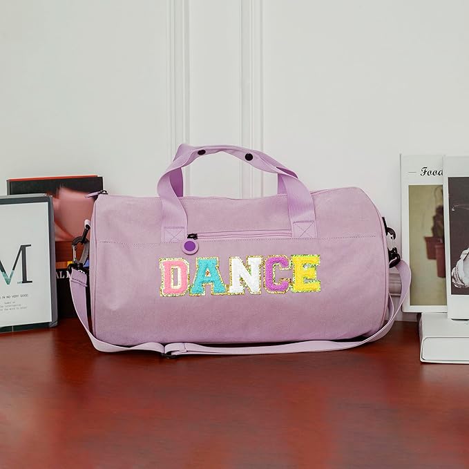 Large Size Dance Bag for Girls Kids Toddler Teens,Purple Ballet Gym Bag with Plush Chenille "DANCE" Letters,Sport Duffle Gym bag for Ballet Class, Sports & Practice 16.5"Lx9"Wx9"H