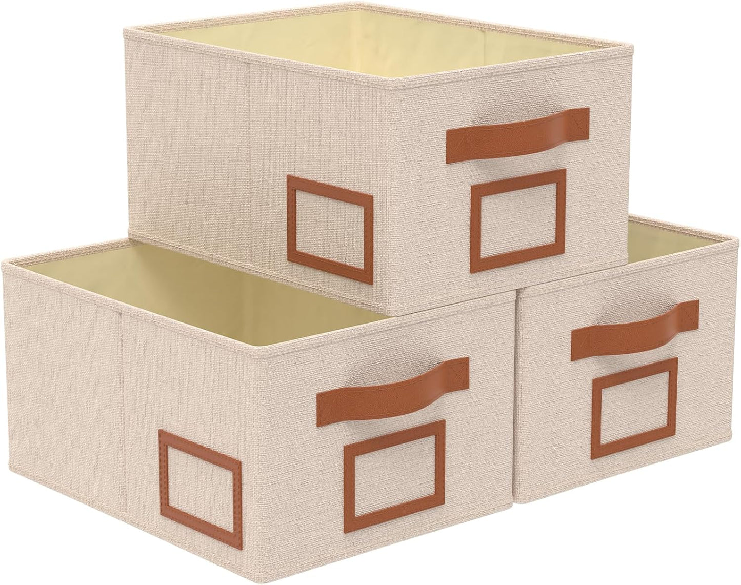 OUTBROS Foldable Storage Box for Shelves, 15.7 x 11.8 x 7.9 inch Fabric Baskets, Wardrobe Organiser with Handles, Suitable for Storing Clothes, Books, Cosmetics (Beige, 3-Pack)