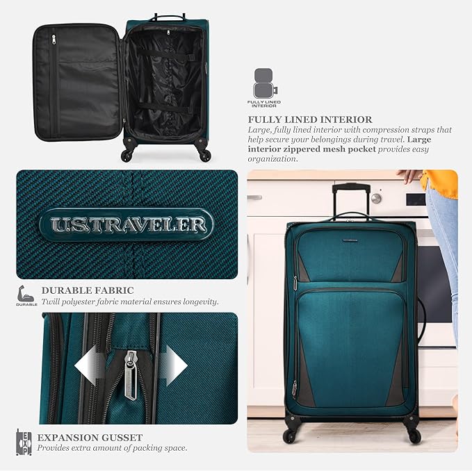 U.S. Traveler Aviron Bay Expandable Softside Luggage with Spinner Wheels, Navy, 2-Piece Set