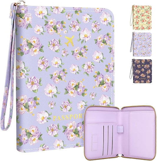 Passport Holder, Passport Holder For Travel, Passport Cover For Travel Essentials, Passport Wallet Cover RFID Blocking, Cute Passport Book for Women and Men, Purple Flowers
