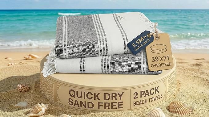 LANE LINEN Beach Towel, 2 Pack Beach Towels Oversized, 39"x71", Quick Dry Pool Towels for Adults, Absorbent Sandproof, Lightweight Travel Beach Towel - Ebony