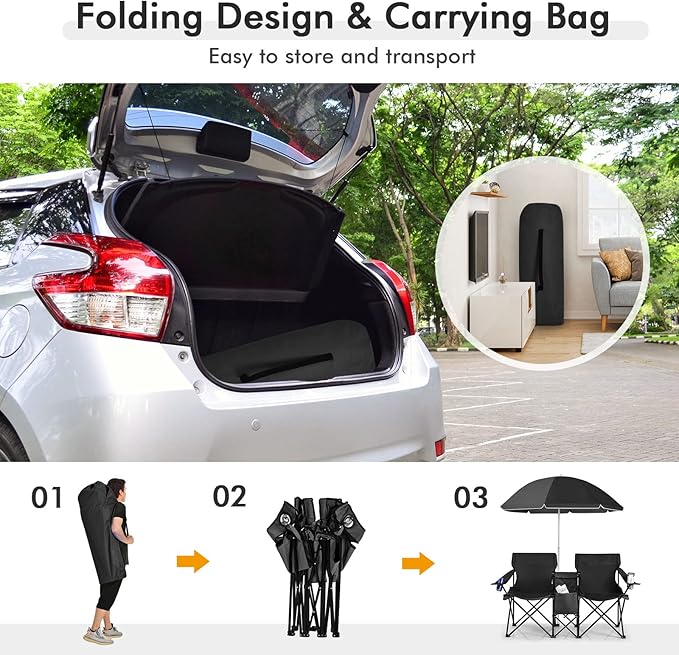 COSTWAY Double Portable Picnic Chairs, Folding Camping Chairs w/Detachable Umbrella, Cooler Bag, Cup Holders, Patio Beach Camping Chairs for Outdoors
