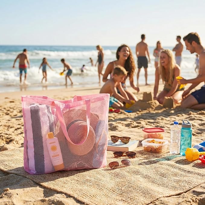 3 Pcs Mesh Beach Bags Portable Mesh Shower Beach Toy Bag With Drawstring Extra Large Tote Hanging Toiletry Bath Organizer for Camping Swimming Gym Travel