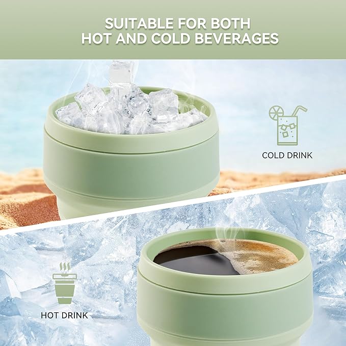 2Pcs Collapsible Cup for Traveling, Collapsible Silicone Travel Cup for Hot and 2 Drinks, Leak Proof Silicone Folding Travel Coffee Mug for Camping & Hiking, BPA Free 12oz Green