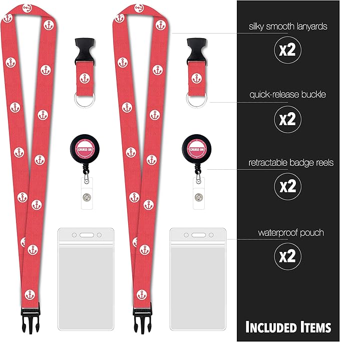 Cruise On Cruise Lanyard for Ship Cards – 2-Pack Retractable Badge & Waterproof Key Card Holder for Ship Cards – Cruise Essentials 2026-2027, Perfect for Travel & Vacation (Pink Anchor)