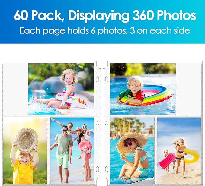 MaxGear 60 Pack 4x6 Photo Sleeves for 3 Ring Binder (360 Pictures), Heavy-Duty Archival Page Protectors, 3-Pocket Clear Photo Album Refill Pages, Plastic Seed Binder Pages 8.5x11, Postcard Sleeves