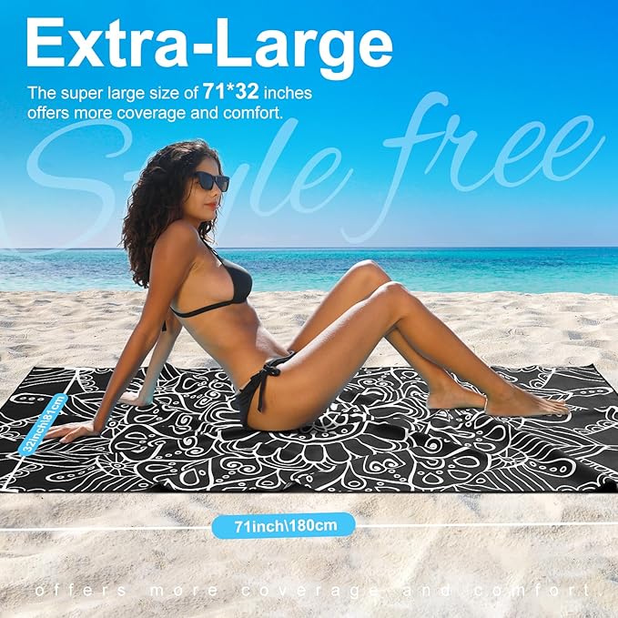 2 Packs Lightweight Thin Microfiber Beach Towel Oversized Quick Dry Compact Sandproof Clearance Towels Sand Free Camping Swimming Travel Accessories Essentials Women Adults Bohemian Black Blue