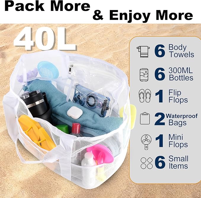 Mesh Beach Bag,Large Beach Bags for Women with 8 Pockets,Packable Tote Bag for Beach Cruise Pool Vacation Essentials