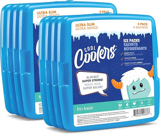 Cool Coolers By Fit & Fresh 8 Pack Slim Ice Packs, Quick Freeze Space Saving Reusable Ice Packs for Lunch Boxes or Coolers, Clear Blue Kids Ice, 8 Pack