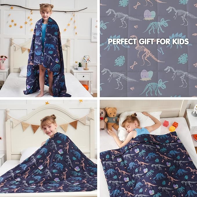 yescool Dinosaur Weighted Blanket 7 Pounds Cooling Weighted Lap Blanket, Navy Heavy Blankets for Sleeping, Weighted Throw Blankets Gifts for 60-80lbs, 40"x60"