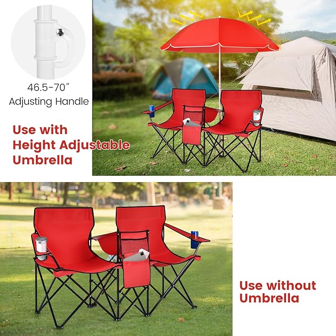KOTEK Double Camping Chair, Folding Camp Chair with Removable Umbrella, Cup Holders, Cooler Bag, Side Pocket & Carry Bag, 2-Person Beach Chair for Outdoor, Sports, Concerts, Travel, Picnic (Red)