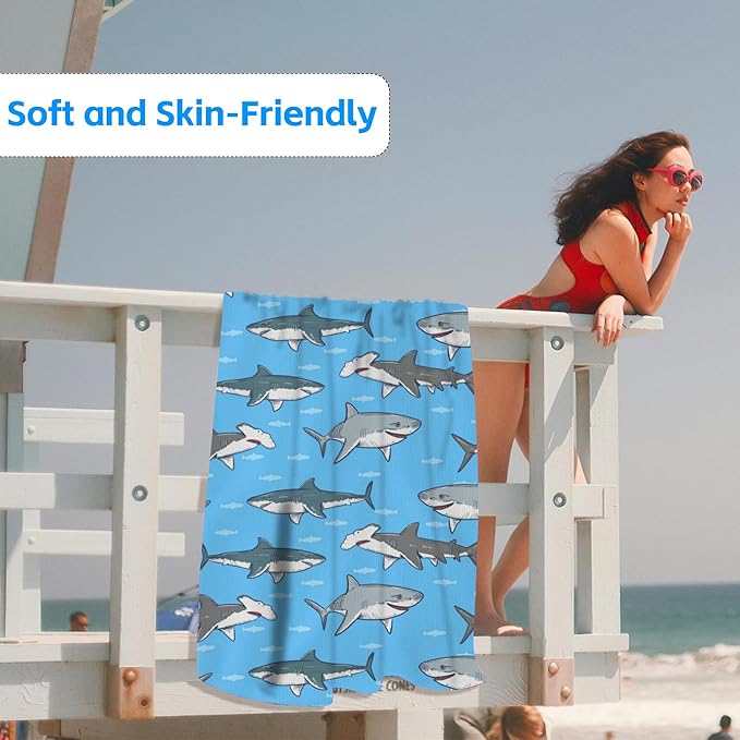 Sharks Microfiber Beach Towels,Sharks and Small Fish in Ocean Oversized Absorbent Bath Towels,Soft Quick Dry Thin Camping Towel for Adults Women Men,29.5"×59"