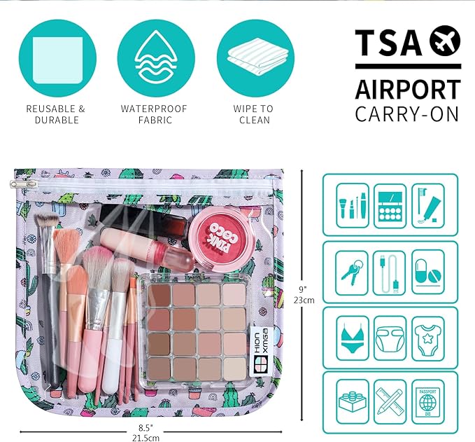 TSA Approved Toiletry Bag, Set of 3 Clear Travel Toiletry Bag Quart Size Zipper Travel Pouch, Waterproof Makeup Cosmetic Bag for Women Men Kids Toiletries Carry on, Cacti Large