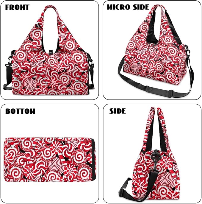 Christmas Candy Cane Gym Bag for Women with Shoe Compartment Personal Item Bags Fitness Workout Overnight Weekender Duffle Bag for Travel Carry On Christmas Outfits Gifts Decor