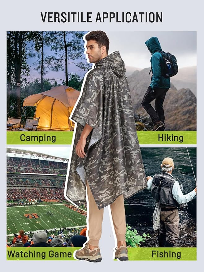SaphiRose Extra Thick Hooded Rain Poncho Double Layer Waterproof Raincoat Jacket for Men Women Adults