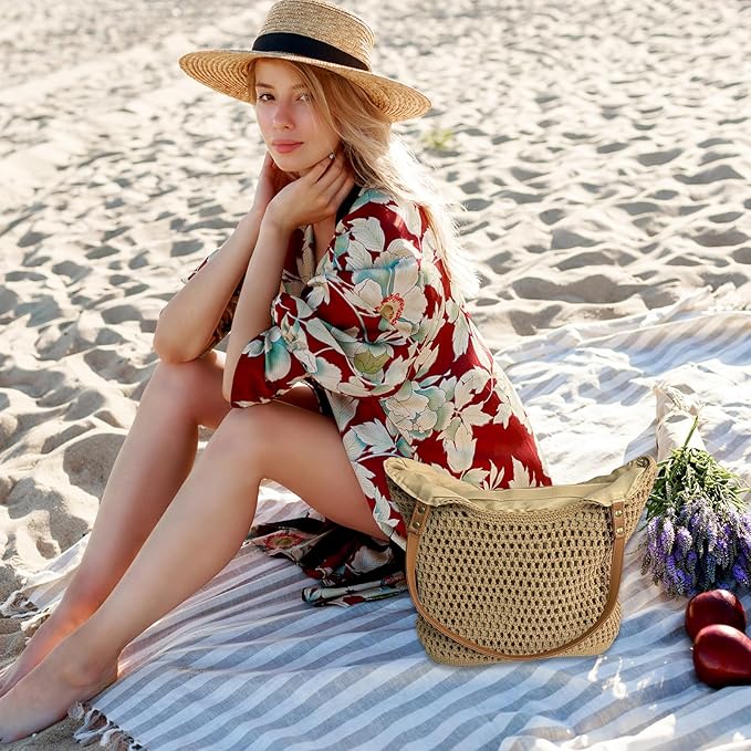 Crochet Beach Bag for Women - Summer Mesh Beach Tote Bag Boho Woven Purse Shoulder Handbags for Vacation Travel