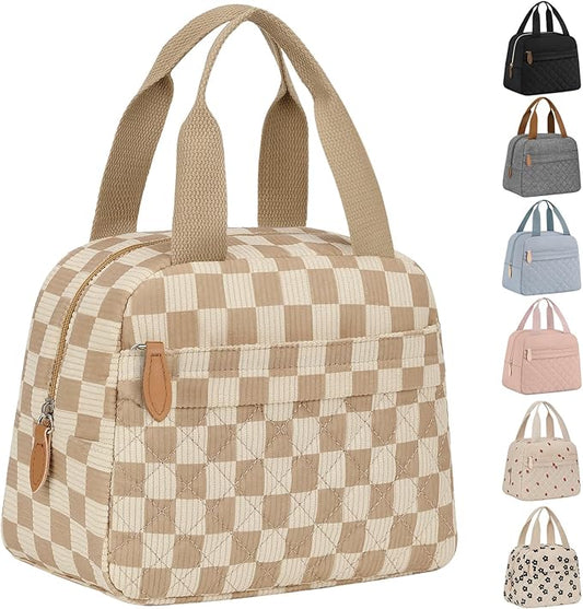 Insulated Lunch Bag for Women, Portable Lightweight Lunch Box for Adults, Reusable Small Lunch Tote Cooler Bags with Front Zipper Pocket for Work School Picnic(Corduroy Khaki Checkered)