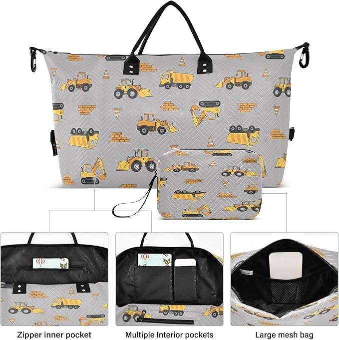 Travel Duffle Bag, Yellow Excavator Truck Gym Bag with Storage Bag Weekender Overnight Bag for Men Women Trip Sports Yoga
