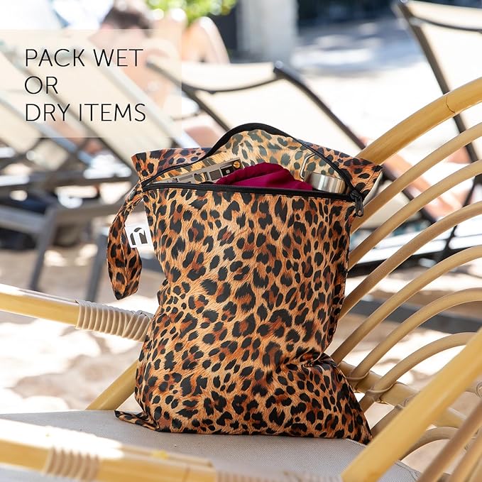 Bumkins Roamio Waterproof Wet Bag for Baby, Travel, Swim Suit, Cloth Diapers, Pump Parts, Pool, Beach, Gym Clothes, Toiletry, Hook to Stroller, Daycare, Zip Reusable Wetdry Pack Pouch, Leopard Print