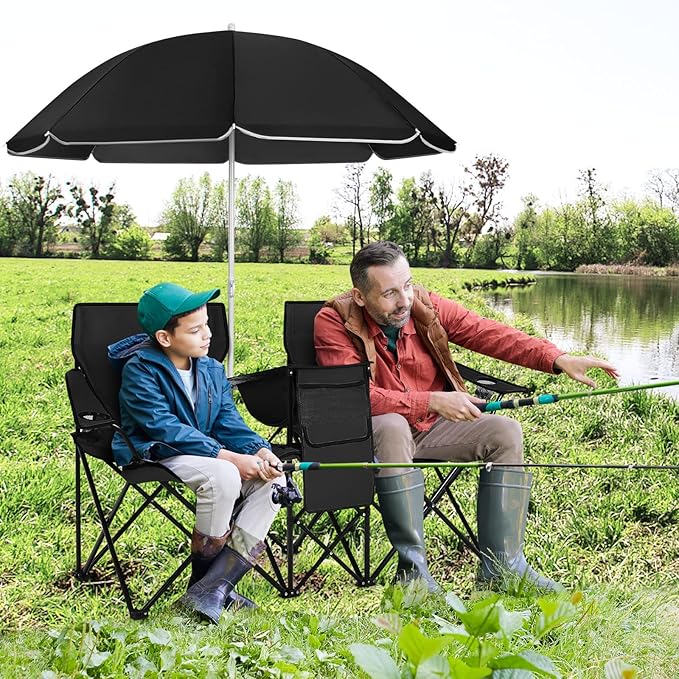 COSTWAY Double Portable Picnic Chairs, Folding Camping Chairs w/Detachable Umbrella, Cooler Bag, Cup Holders, Patio Beach Camping Chairs for Outdoors