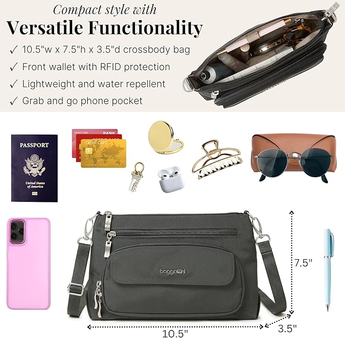 Baggallini Original Everyday 11x7.5 Crossbody Bags Rfid Protected Lightweight Nylon Zippered Travel Purse