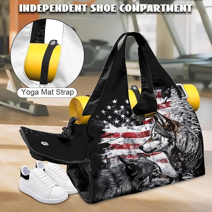 American Flag Wolf Sports Duffel Bag for Men Portable Lightweight Gym Bag with Shoe Compartment and Yoga Mats Holder Zipper Pockets Fitness Stylish Workout Bag for Gym Travel Weekender