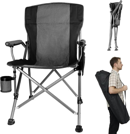Folding Camping Chair with Cup Holder and Storage Bag, Heavy Duty Support 400 LBS, Oversized Collapsible Portable Camping Chair for Outdoor Camp, Picnic, Travel, Fishing Grey