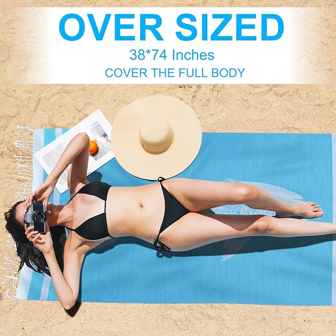 Oversized Cotton Turkish Beach Towels 72"x36" Lightweight Quick Dry Sandless Pool Swim Towel Large No Sand Adult Travel Compact Blanket Essentials Cruise Accessories Must Haves Light Blue Turtle
