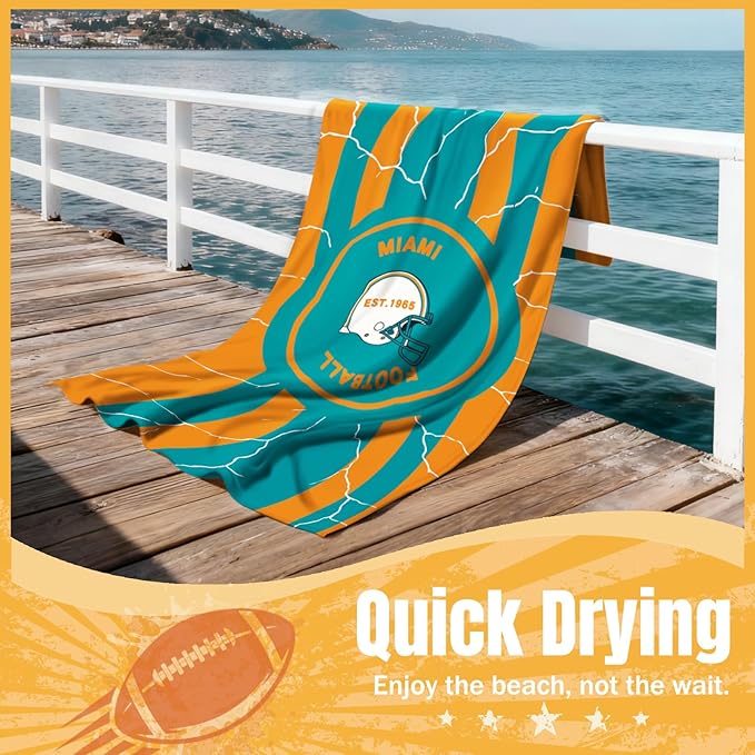 Football Fan Thin Lightweight Microfiber Beach Towel Miami Themed Large Sand Free Oversized Absorbent Men Women Gear Dolphins Team Dad Husband Guy Him Birthday Anniversary Personalized Unique Gift