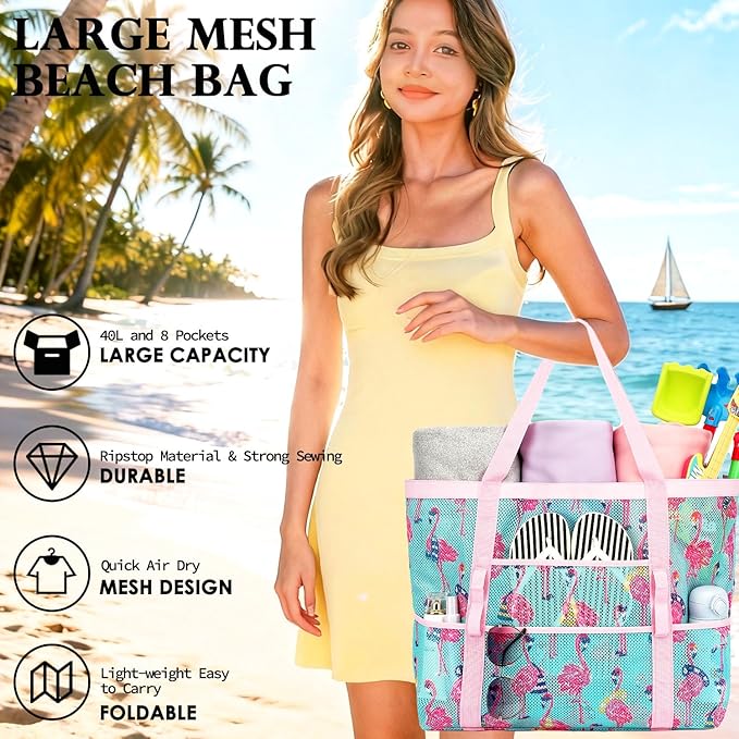 Mesh Beach Bag, Large Beach Tote with Zipper Pocket, Toys Pool Bag for Family Travel Vacation Cruise Essentials
