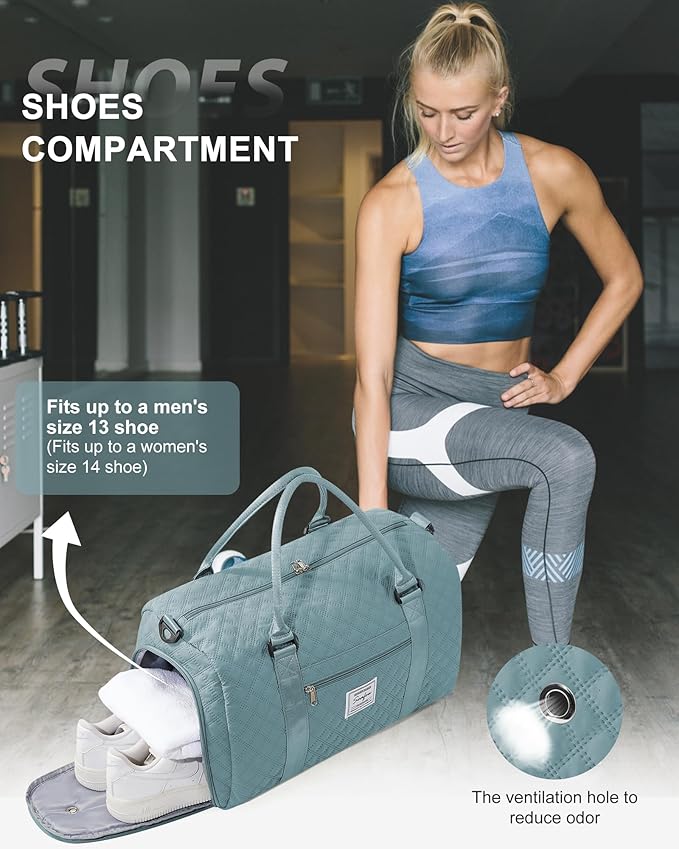 Gym Duffle Bag for Women with Shoe Compartment Waterproof Travel Tote Bags Personal Item Carry On Weekender Overnight Bags with Toiletry Bag Swimming Yoga Bags Hospital Holdalls Light Blue