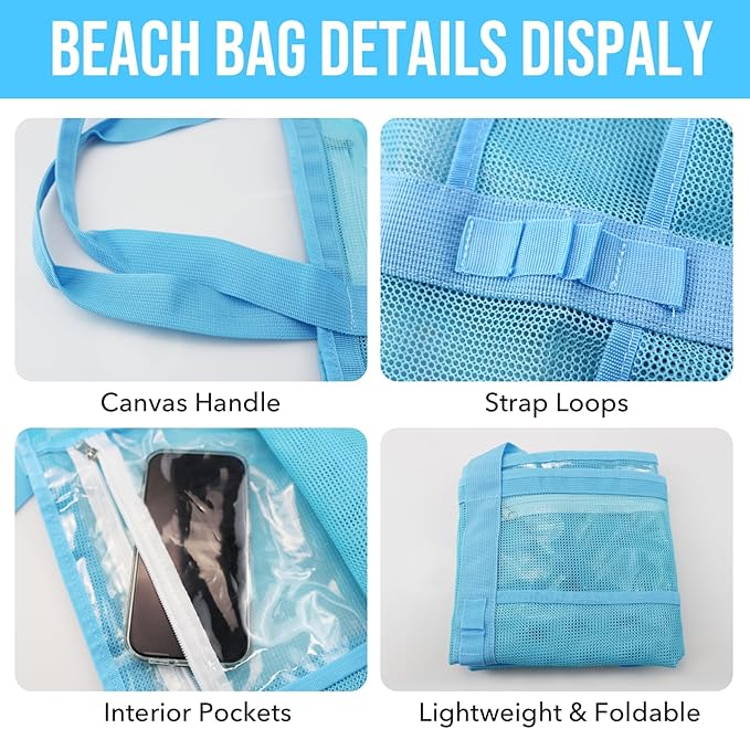 Large Mesh Beach Tote Bag, 9-Pocket Foldable Summer Vacation Beach Bag for Travel, Pool, Gym, Cruise