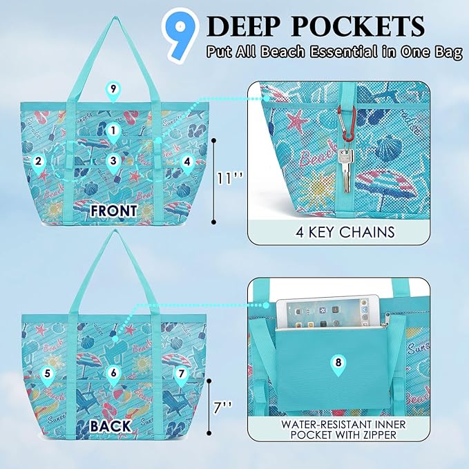 Mesh Beach Bag, Large Beach Tote with Zipper Pocket, Toys Pool Bag for Family Travel Vacation Cruise Essentials