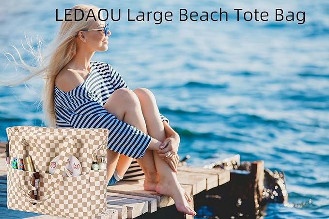 LEDAOU Large Beach Bag Women Waterproof Sandproof Zipper Beach Tote Pool Bag for Swim Gym Grocery Travel with Wet Pocket | Waterproof, Sandproof, Zipper, Pool, Gym, Grocery