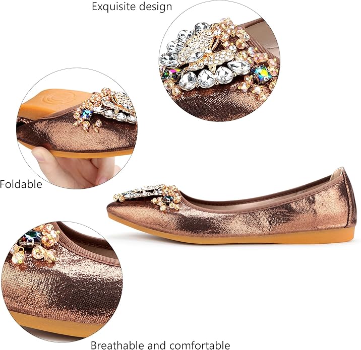 KUNWFNIX Women Ballet Flats Rhinestone Wedding Ballerina Shoes Foldable Sparkly Comfort Slip on Flat Shoes