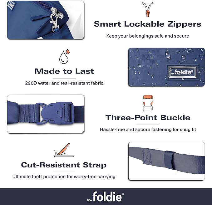 The Foldie Foldable Crossbody Bags for Women & Men - Anti-Theft RFID-Safe Fanny Pack with Smart Lockable Zippers and Cut-Resistant Strap - Lightweight Waist Pack for Travel & Everyday Use - Blue
