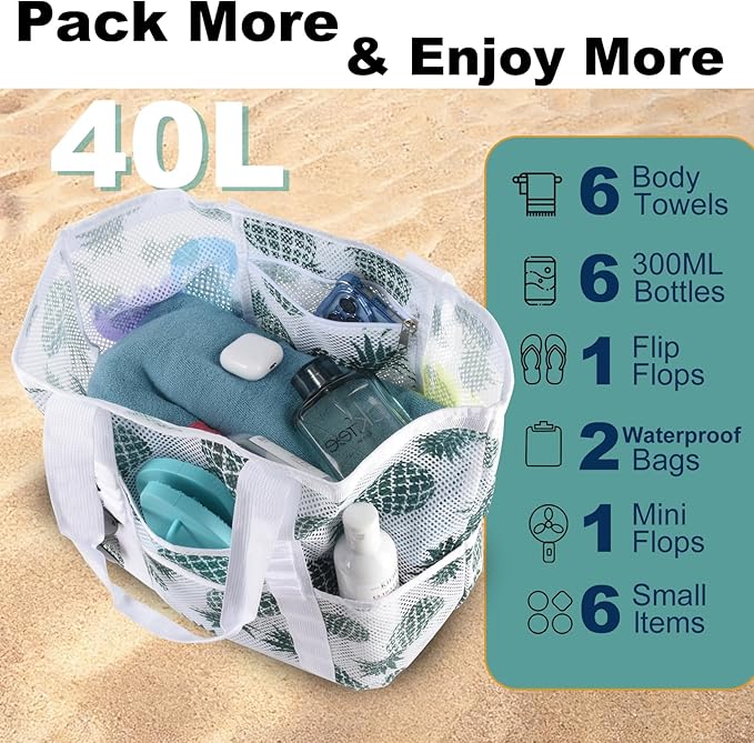 Mesh Beach Bag,Large Beach Bags for Women with 8 Pockets,Packable Tote Bag for Beach Cruise Pool Vacation Essentials