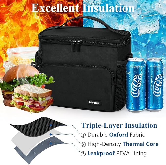 Gloppie Flight Crew Lunch Bag with Luggage Trolley Sleeve - Professional Insulated Cooler Bag for Flight Attendants & Pilots, Leakproof Lunch Box with Reinforced Structure for Travel & Work, Black