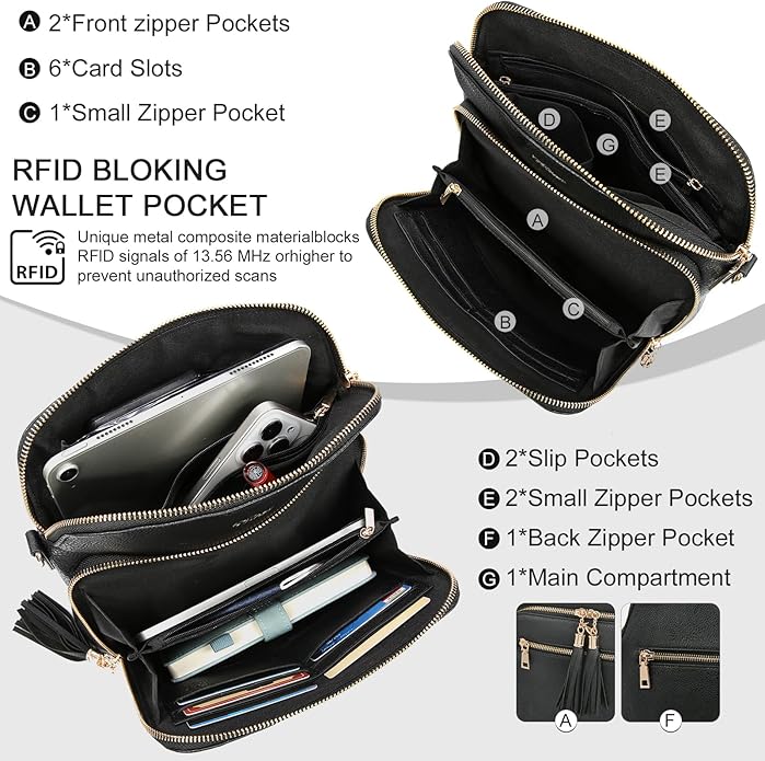 Women's Leather Crossbody Bags Anti Theft Purses RFID Blocking Handbags Trendy Travel Adjustable Strap Tassel