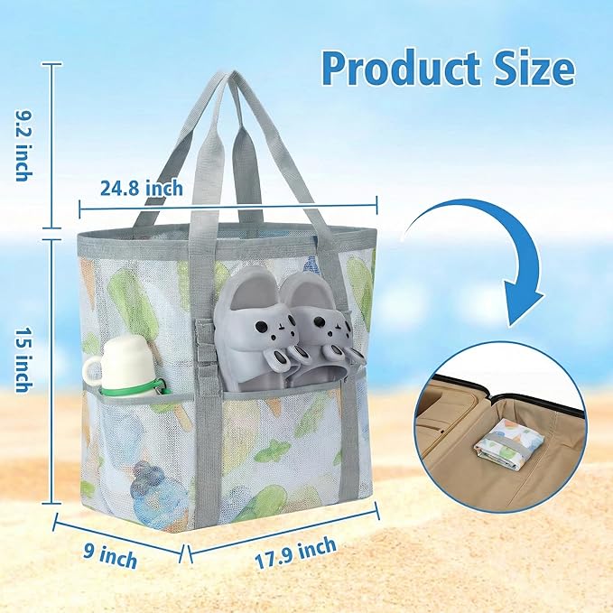 Mesh Beach Bags for Women - Family Beach Tote Bag for Toys, Towels, Travel Vacation Cruise Essentials