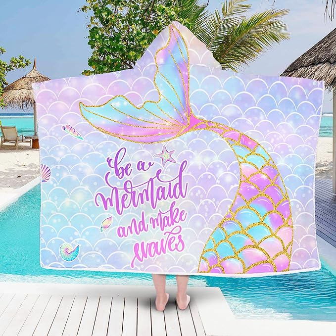 Mermaid Hooded Beach Towel for Girls - Kids Poncho Towel With Tail, Soft Absorbent Bath Towel With Hood, Pink Scales, 30"x50" - Bathrobe for Swim Pool Bath