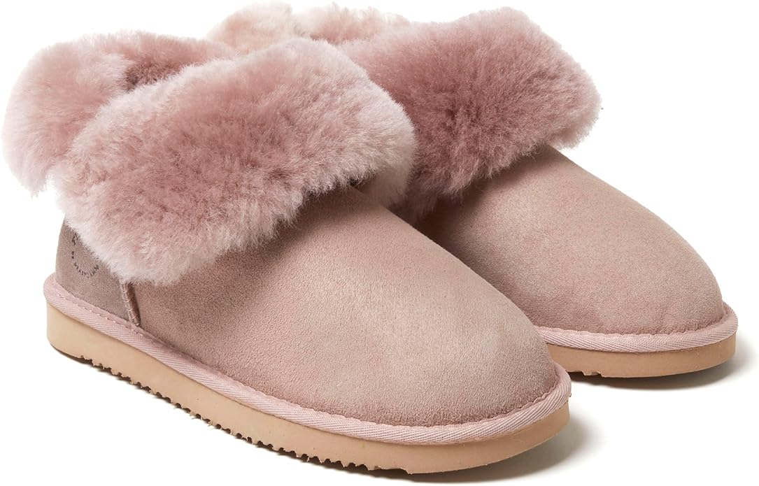 Dearfoams Women's Fireside Shearling Water Resistant Indoor/Outdoor Foldover Boot Slipper