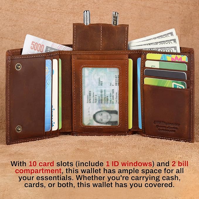 Trifold Mens Wallet with Chain, Genuine Leather Wallet RFID Blocking Anti-Theft Chain for Biker, Motorcycle (Brown Color)