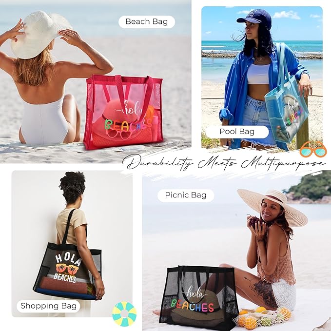 30L Large Beach Bag with Pouch Foldable Sandproof Lightweight Mesh Tote Bag with Two Pockets for Swimming Travel