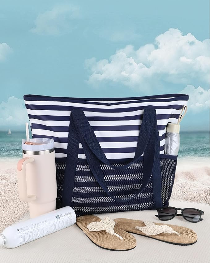 HOMESPON Beach Bag Large Waterproof Sandproof Foldable Tote for Women with Zipper Mesh Pockets for Pool Swim Travel Everyday